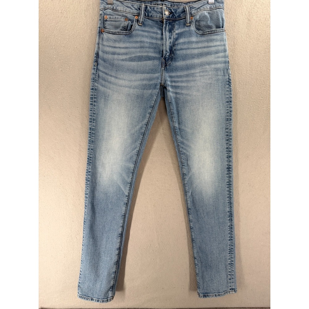 American Eagle Slim Jeans Mens 32x33 AirFlex Light Wash Whiskered Distressed